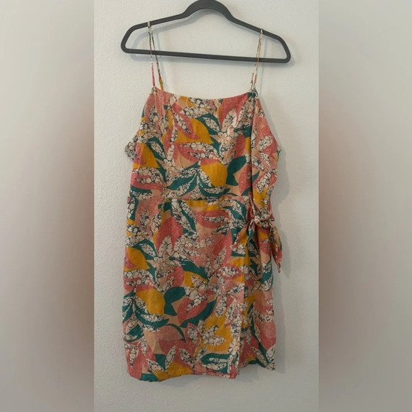 Nine West CRACKLE LEAVES CORAL SIDE TIE FAUX WRAP MINI SQUARE NECK DRESS Sz XXL - Picture 1 of 12